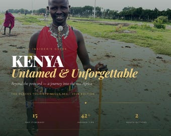 May include: A person in a red dress and traditional jewellery holds a wooden staff. The image features text that reads "KENYA Untamed & Unforgettable" and "Beyond the postcard - a journey into the real Africa". The image also includes the text "2026 Edition".