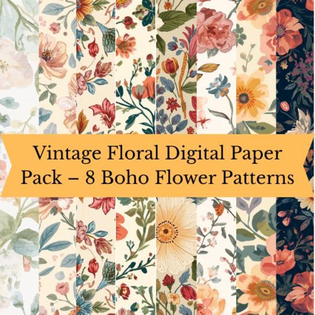 Vintage Floral Digital Paper Pack – 8 Boho Flower Patterns, Watercolor ...
