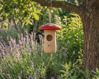 Casita para pájaros con forma de seta / Decoración de jardín con forma de hongo rojo, comedero para pájaros de exterior