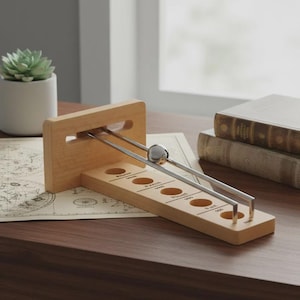 Può includere: Un giocattolo da scrivania in legno con una sfera d'argento che rotola su binari metallici. Il giocattolo ha una finitura in legno chiaro ed è appoggiato su una scrivania in legno scuro. Il giocattolo ha una serie di fori con testo. È visibile una piccola pianta succulenta in un vaso bianco.