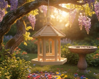 May include: A wooden bird feeder, shaped like a small gazebo, hangs from a tree branch. The feeder has a light brown color and a hexagonal base. The background features a garden with flowers and a bird bath, with sunlight filtering through.