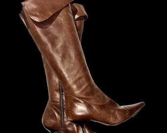 Vintage Buffalo Brown Leather Pointed Toe Knee High Boots like El Dantes