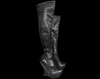 CELINE Avant-Garde Black Leather Wedge Thigh High Boots 2008/2009 Archive