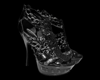 Vintage Black Chain Platform Heels, Gothic Strappy Stiletto Sandals, Avant Garde Style