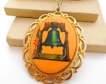Vintage Unique Orange Green Liberty Bell Pennsylvania Pendant Necklace