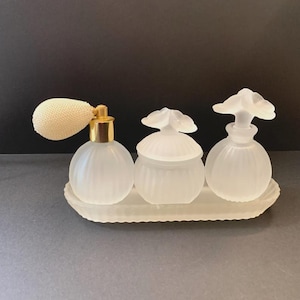 Complete Vanity Set – Frosted Perfume Bottles, Cream Jar & Tray – Chic