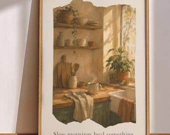 Slow Mornings Heal Something Wall Art | Cozy Kitchen Print | Japandi Neutral Decor | Scandinavian Framed Wall Art | Quiet Luxury Home Decor