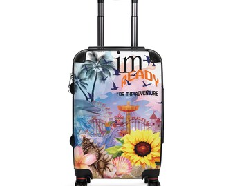 Maleta lista para la aventura / Maleta de viaje con estampado de girasoles y playa tropical
