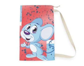 Cartoon Blue Mouse Laundry Bag | Kids Drawstring Hamper, Playful Nursery Decor