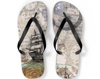 Vintage Sailing Ship Flip Flops | Nautical Map Beach Sandals