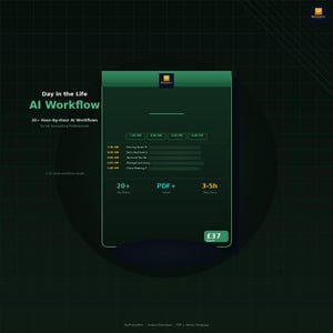 Peut inclure: Graphique numérique vert foncé avec le texte "Day in the Life AI Workflow" et "20+ Hour-by-Hour AI Workflows". Le graphique comprend un emploi du temps avec des heures et des activités, ainsi que le texte "PDF+" et "3-5h Daily Save."