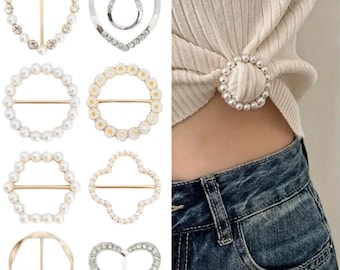 Metal Pearl Rhinestone Shirt Scarf Rings (8 Styles), Chic Clothes Buckles