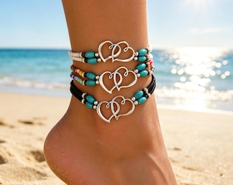 Boho Heart Anklet Set 3 Pcs Turquoise Beaded Ankle Bracelets For Women Summer Beach Wear,  Anniversary Gift,