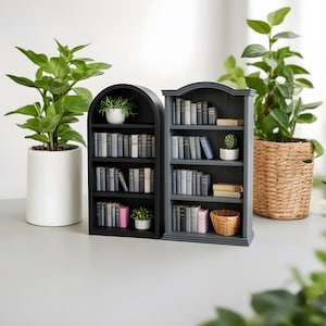 Op de afbeelding: Twee miniatuur boekenkasten, één zwart en één grijs, zijn gevuld met kleine boeken. De zwarte boekenkast heeft een gewelfde bovenkant, terwijl de grijze een gebogen bovenkant heeft. Kleine potplanten en een rieten mand voegen decoratieve accenten toe.