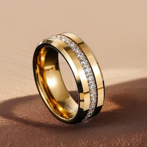 Anillo de boda para hombre de tungsteno, oro amarillo de 18k, circonitas cúbicas, diamantes, 6 mm, 8 mm, regalo de aniversario para él.