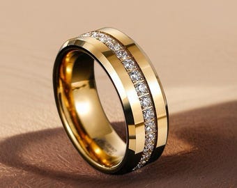 Anillo de boda para hombre de tungsteno, oro amarillo de 18k, circonitas cúbicas, diamantes, 6 mm, 8 mm, regalo de aniversario para él.