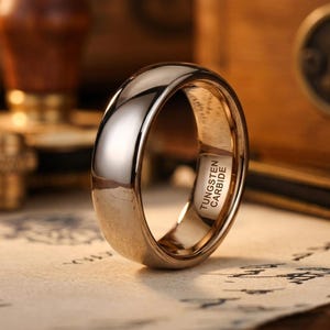 Puede incluir: Un anillo pulido en tono oro rosa con una superficie exterior lisa y abovedada. El interior de la banda est&aacute; claramente grabado con el texto TUNGSTEN CARBIDE, lo que indica la composici&oacute;n material de esta pieza de joyer&iacute;a met&aacute;lica circular.