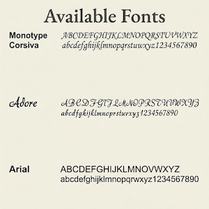Puede incluir: Una tabla titulada Available Fonts que muestra tres opciones de tipograf&iacute;a en texto negro sobre un fondo claro. La lista incluye Monotype Corsiva, Adore y Arial, cada una mostrando el alfabeto en may&uacute;sculas y min&uacute;sculas y los n&uacute;meros del 0 al 9.