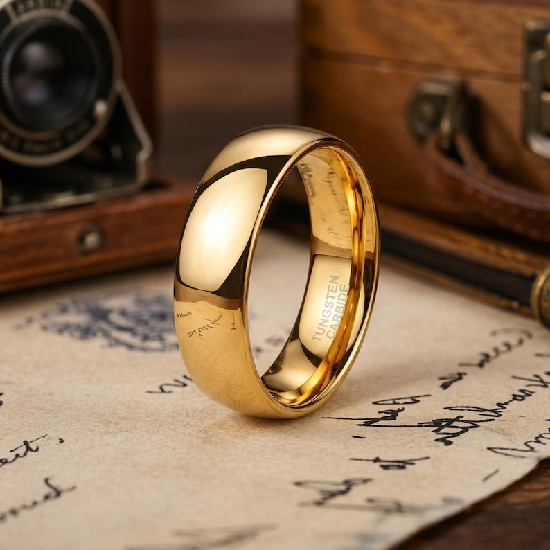 Puede incluir: Un anillo de tono dorado pulido con una superficie lisa y abovedada. El interior de la banda est&aacute; claramente grabado con el texto TUNGSTEN CARBIDE, lo que indica la composici&oacute;n material de esta pieza de joyer&iacute;a circular y s&oacute;lida.