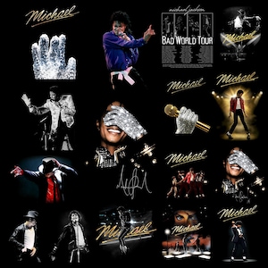 Puede incluir: Un collage de imágenes de Michael Jackson, que incluye fotos de actuaciones, un guante enjoyado y la firma del cantante. La palabra "Michael" está escrita en escritura dorada en las imágenes, sobre un fondo negro.