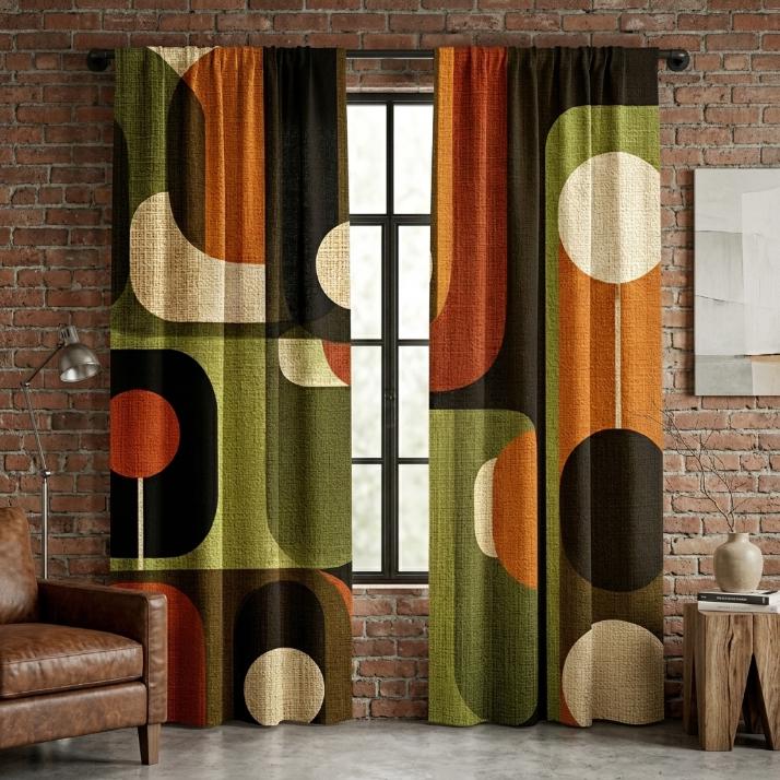 70s Display Window Mid Century Modern Geometric Curtains, Retro Blackout Window Panels ...