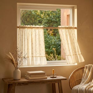 Sheer Floral Café Curtains with Ruffle Hem, French Muslin Style Short Kitchen Window Panels, Rustic Farmhouse Half Curtain