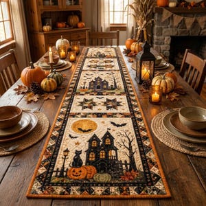 May include: A rectangular quilted table runner featuring a Halloween theme with printed illustrations of haunted houses, black cats, pumpkins, bats, and a full moon. The runner has a decorative border with geometric patterns in orange, black, and cream.