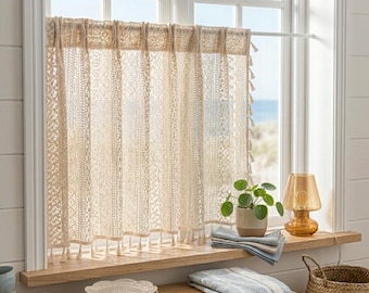 Cortina de café de encaje beige con borlas, cenefa corta de estilo bohemio para ventana, cortina para armario de cocina con estampado circular, decoración de estilo rústico.
