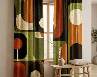 Mid Century Modern Geometric Curtains, Retro Blackout Window Panels, Abstract 70s Style Drapes for Living Room Decor