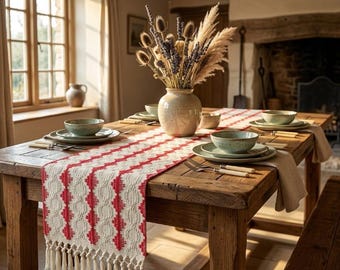 Nordic Linen Table Runner with Tassels, Modern Minimalist Cotton Table Decor for Weddings, Holidays & Farmhouse Dining