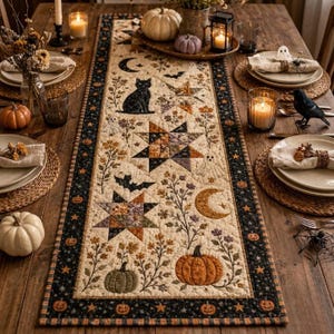 May include: A rectangular quilted table runner featuring a cream-colored center panel with printed motifs of black cats, bats, ghosts, crescent moons, stars, and pumpkins, framed by a dark border with small orange pumpkin and star patterns.
