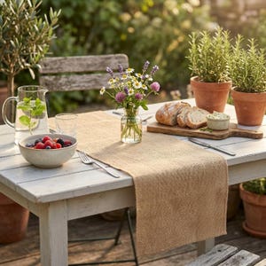 Puede incluir: Una mesa rústica al aire libre con un camino de mesa de yute beige. La mesa está decorada con un cuenco de bayas, una jarra de cristal, un jarrón de flores, pan y plantas de romero en macetas de terracota. Una escena soleada y acogedora.