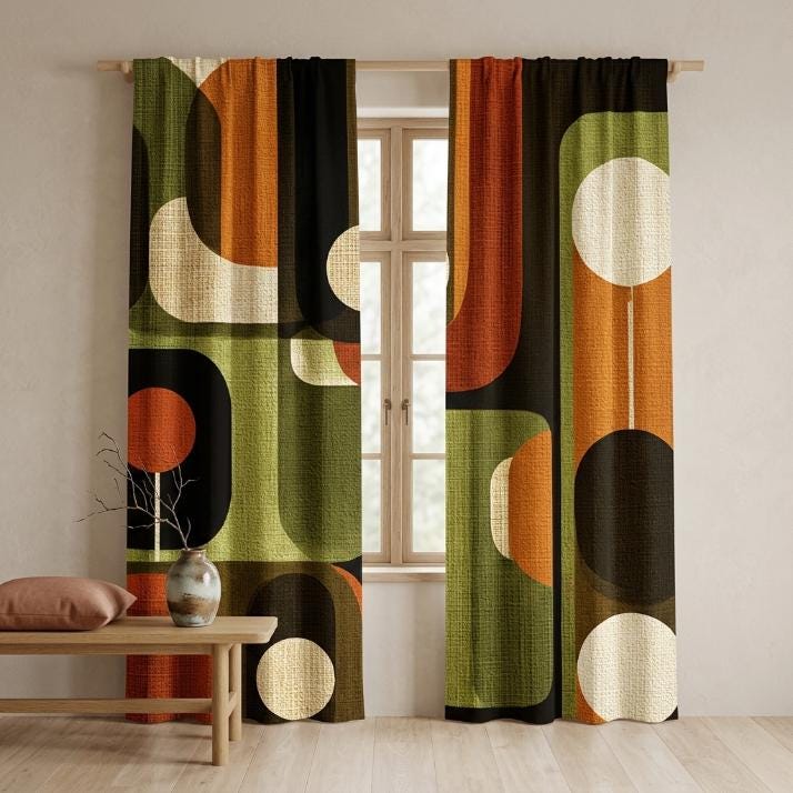 70s Display Window Mid Century Modern Geometric Curtains, Retro Blackout Window Panels ...