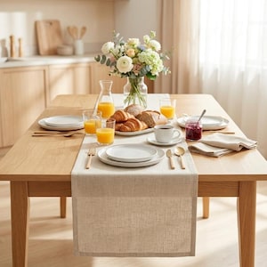 Neutralny bieżnik z lnu i bawełny, minimalistyczna dekoracja stołu w stylu zen, długi, nowoczesny bieżnik do jadalni, restauracji i biura