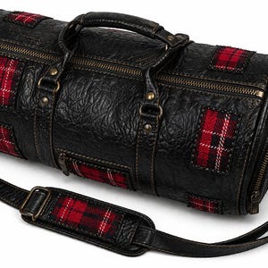 Bolsa de lona vintage de cuero negro, bolsa de viaje/gimnasio tipo fin de semana con parches a cuadros