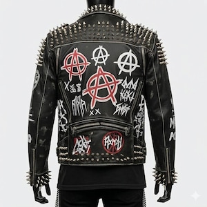 Handbemalte Punk Rock Lederjacke - Anarchy Bikerjacke mit Nieten und Spikes - Custom Distressed Streetwear - Herren stark verziert