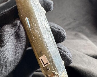 May include: A long, translucent, brownish-gray crystal point with a rough, textured surface. A small white rectangular sticker with the black letter L is attached to the side of the crystal. The base of the crystal appears unpolished and earthy.