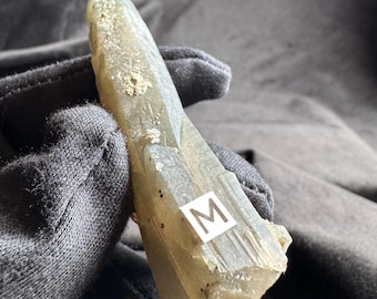 May include: A translucent, pale green, elongated mineral crystal with a rough, natural texture and visible striations along its length. A small white square sticker with the black letter M is affixed to the lower section of the crystal surface.