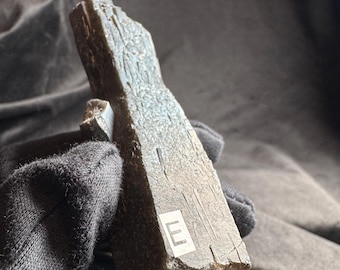 May include: A long, dark gray, prismatic mineral specimen with a rough, striated surface texture. A small white rectangular sticker with the black letter E is affixed to the lower portion of the crystal, which features sharp, jagged edges.