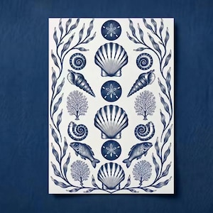 May include: A rectangular print featuring a vertical arrangement of dark blue marine illustrations on a white background. The design includes seashells, sand dollars, coral, and fish, all framed by symmetrical seaweed patterns on both sides.