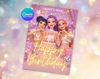 Kpop Demon Hunters Birthday Card- Custom Name Age template- Personalized Party Card- Retro Birthday Theme- Girl Party- Kpop birthday