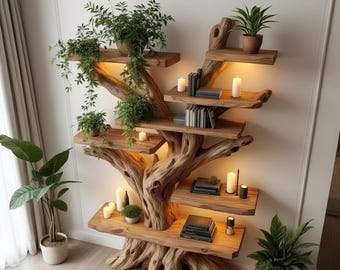 Prateleira de madeira em formato de árvore com luz LED | Estante rústica para livros e plantas