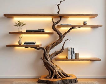 Tree Shaped Wooden Wall Shelf with LED Light | Rustic Bookcase, Home Decor