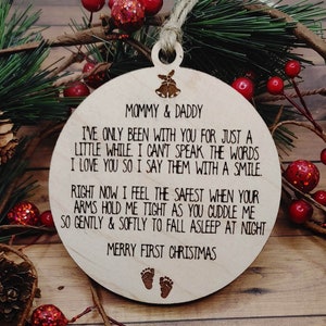 Baby's eerste kerst aan ouders ornament SVG nieuwe mama papa *getest op glowforge* lasergesneden bestand SCOREN voor snellere productietijd