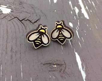 Hand Painted BUMBLE BEE Laser Engraved Wooden Stud Earrings yellow white black engrave
