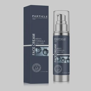 May include: A dark blue box and bottle of Particle Men's Formula Face Cream. The box and bottle have the text "Particle Aesthetic Science for Men" and "Men's Formula Daily Care". The bottle contains 1.7 fl oz / 50 ml of product.