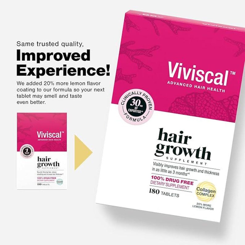 Puede incluir: Una caja de suplemento para el crecimiento del cabello Viviscal. La caja es blanca y magenta con las palabras "suplemento para el crecimiento del cabello" y "180 comprimidos". El texto de la caja dice que mejora visiblemente el crecimiento y el grosor del cabello en tan solo 3 meses.