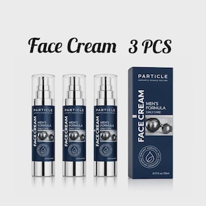May include: Three cylindrical pump bottles and one rectangular box of Particle face cream. The dark blue packaging features white text reading Face Cream, Men's Formula, Daily Care, and includes a graphic of a metallic sphere. Each bottle is 50ml.