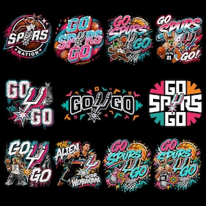 Op de afbeelding: Een verzameling kleurrijke grafische ontwerpen met het logo en de mascotte van het basketbalteam San Antonio Spurs. Ontwerpen bevatten de woorden "Go Spurs Go" en afbeeldingen van basketballen en de Coyote-mascotte. De ontwerpen staan op een zwarte achtergrond.