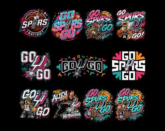 May include: A collection of colorful graphic designs featuring the San Antonio Spurs basketball team logo and mascot. Designs include the words "Go Spurs Go" and images of basketballs and the Coyote mascot. The designs are on a black background.